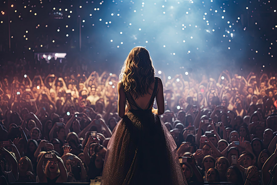 Back view of a beautiful female pop star singer giving music concert
