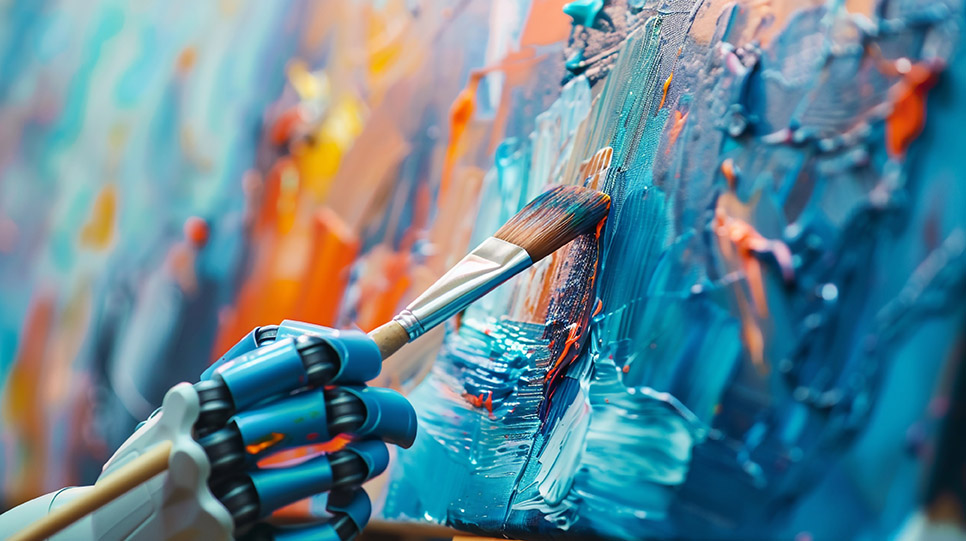 Robotic arm holding a paintbrush creating art, showing creative