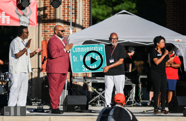 UTC Professor Emeritus and internationally renowned musician Roland Carter, center, is joined by Ruben Studdard in announcing the renaming of Vine Street on the UTC campus to Dr. Roland Carter Street.
