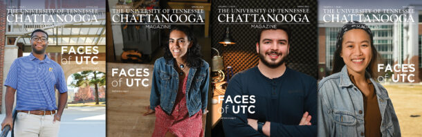 Photo of the four separate University of Tennessee at Chattanooga Magazine covers for the spring 2022 Faces of UTC edition