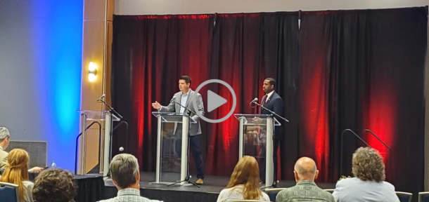 Gubernatorial candidates Dr. Jason Martin, left, and Memphis City Councilman JB Smiley Jr. participated in the June 30 candidate forum at the UTC University Center.