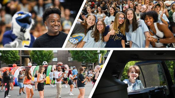 A montage of photos, include a student with Scrappy at Convocation, a group of students at Convocation, an Operation Move In student grabbing bins from his car, and a group of dancers at the OMI Carnival