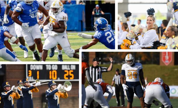 Football gallery of photos, including running back Ailym Ford, cheerleaders, defensive tackle Devonssha Maxwell and the Marching Band