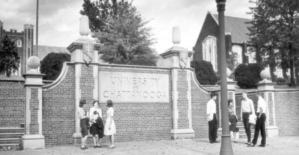Vintage photo of the old University of Chattanooga sign along McCallie Avenue.