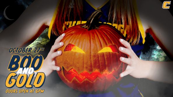 Boo and Gold photo illustration with a basketball player holding a pumpkin