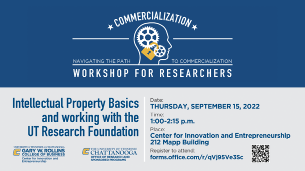 Flyer for an upcoming Commercialization Workshop for Researchers, taking place September 15 in the Mapp Building.