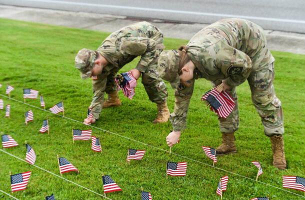 University of Tennessee at Chattanooga ROTC members place 2000 flags in front of Lane Funeral Home on Ashland Terrace, Wednesday, Sept. 7, 2022 in honor of 9/11.