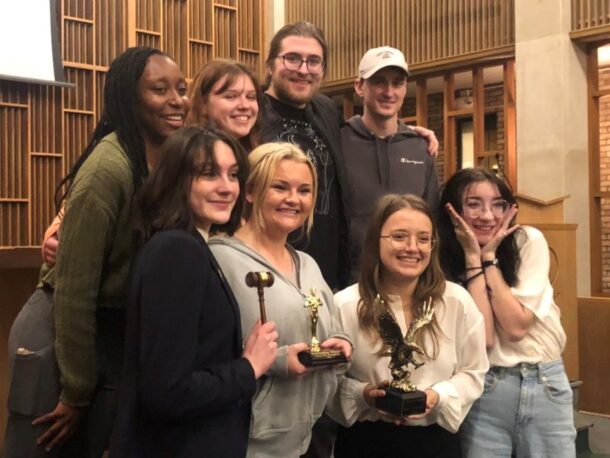 The Grand Ole Tournament-winning UTC Mock Trial blue team. Top row, from left: Taylor Johnson, McKenna Smythe, Giuliano Duva, Stephen Scott. Bottom row: Stacy Cunningham, Emma Denham, Sophia Kennon, Nicole Knight-Fallon. Photo courtesy of Mike Giglio.