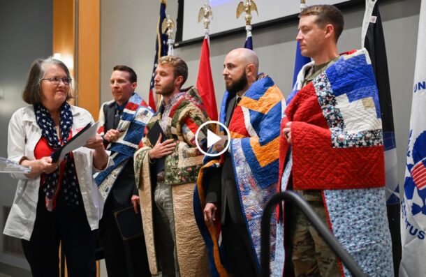 Fran Randolph, left, presented Quilts of Valor to Dr. Don Reising, UTC alumnus Ryan Baker, UTC Veteran and Military Affairs Associate Director Robert Dorsett and Capt. Stuart Allgood,