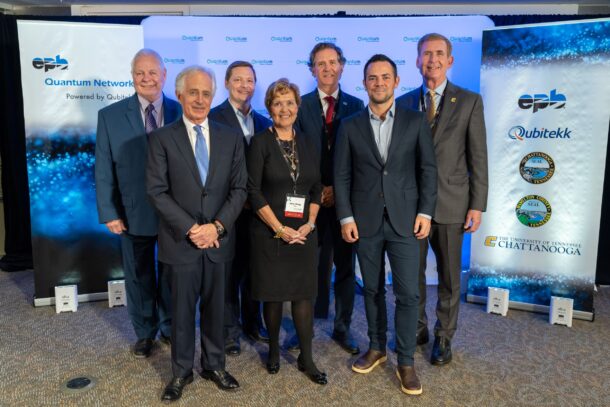 From left: EPB President and CEO David Wade, former U.S. Sen. Bob Corker, Qubitekk President and Chief Technology Officer Duncan Earl, EPB Board of Directors Chair Vicky Gregg, City of Chattanooga Mayor Tim Kelly, Hamilton County Mayor Weston Wamp, Chancellor Steven Angle