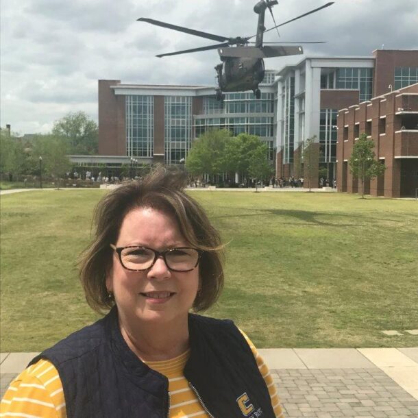 The UTC ROTC Department and the Tennessee Army National Guard hosted an event to thank UTC for its support of the military on April 21, 2022, Two Black Hawk helicopters visited campus, giving Michelle Pelfrey an opportunity to soar over Chattanooga. Photo credit: Greg Pelfrey.