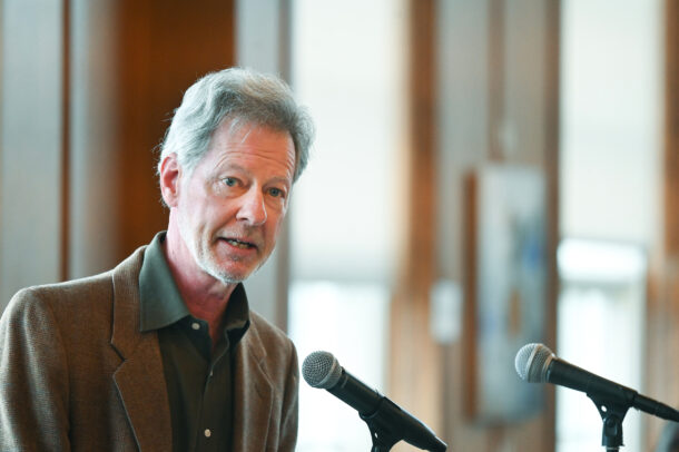 Greg O’Dea speaks during the innagural Greg O’Dea lecture series Friday, Feb. 24, 2023 in Guerry Hall.