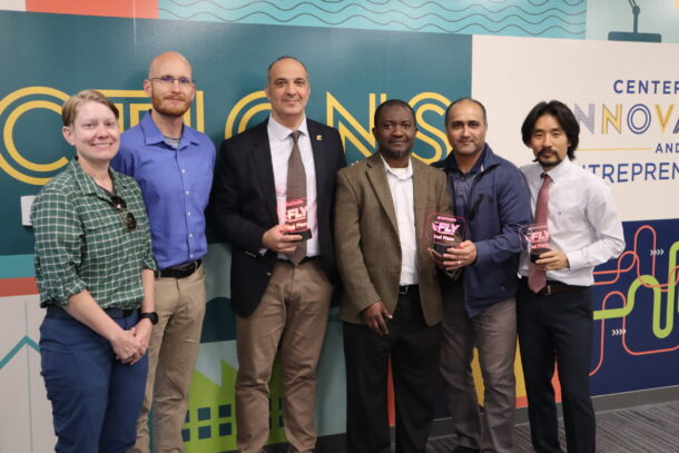 Fly for Researchers Faculty Pitch award winners (from left): Lynette Carlson, Max Jordan, Erkan Kaplanoglu, Abdul Ofoli, Vahid Disfani, Sungwoo Yang