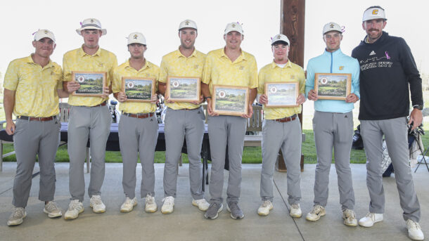 The Mocs men's golf team claimed a second straight tournament title, winning the Hoosier Collegiate Invite. From left: Assistant Coach Nick Robinson, Paul Conroy, Braedon Wear, Samuel Espinosa, Carson Johnson, John Houk, Garrett Engle and Coach Blaine Woodruff. Phto credit: IU Athletics.