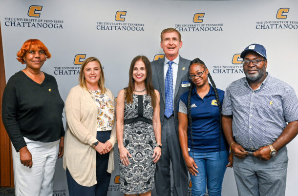 From left: Ruby Jordan, Chelsie Ewing, Leslie Tyler, Chancellor Steve Angle, Shuntika Cox and Steve Jackson (not pictured: Eddrick Brooks)