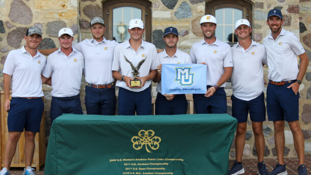 From left: Assistant Coach Nick Robinson, John Houk, Garrett Engle, Carson Johnson, Braedon Wear, Samuel Espinosa, Ward Harris and Coach Blaine Woodruff (photo credit: GoMocs.com)