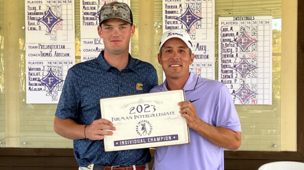 Senior Paul Conroy, left, earned his second career win at the Furman Intercollegiate (photo credit: Furman Communications)