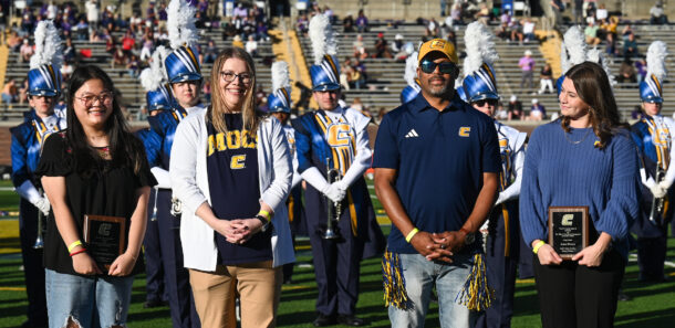 From left: Public Service Award recipient Emma Sprayberry, Interim Vice Chancellor for Enrollment Management and Student Affairs Stacie Grisham, UTC Alumni Board President Ken Jones and Public Service Award recipient Anna Shrum.