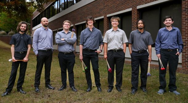 Members of the UTC Percussion Ensemble, including (from left) From left: Lucas Marsicano, Scott Keil, Logan Brown, Trevor Kight, Corbin Winters, Roland Pullen and Colton Brown, will Beat Hunger in support of Scrappy's Cupboard.