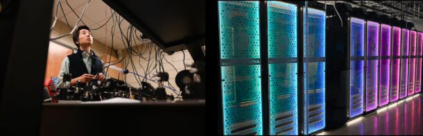 Assistant Professor of Physics Tian Li, left, works in the UTC Quantum Physics lab; photo of Quantum facility in the EPB Building.