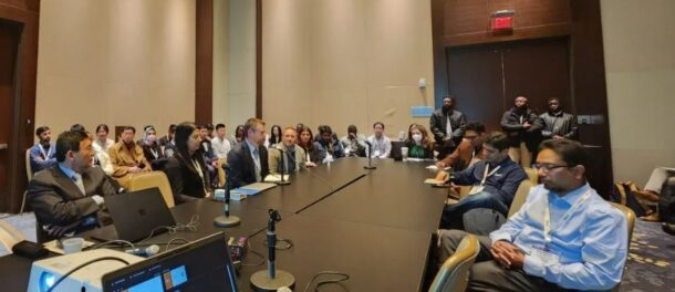 The panel of judges, including Dr. Mina Sartipi, executive director of the UTC Research Institute and Center for Urban Informatics and Progress founding director, listens to competitors at the recent Transportation Forecasting Competition.