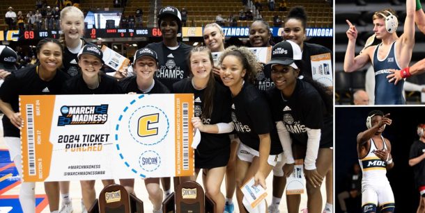 Mocs women's basketball team, Brayden Palmer (top right), Isaiah Powe (photos courtesy of GoMocs.com)
