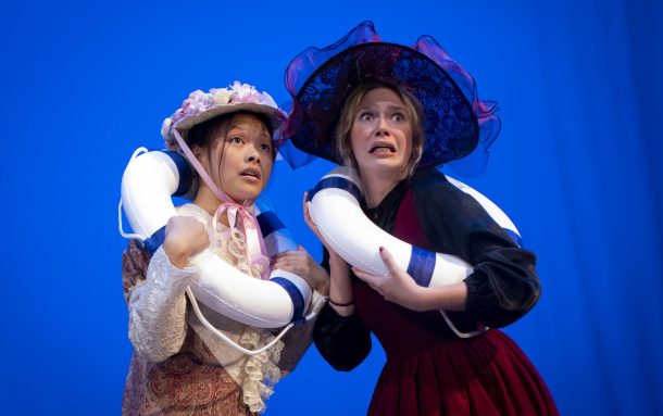 Karlee Ming Jamieson, left, as "Inbetween One," and Maegan Whitlock as "Big One," star in Slawomir Mrozek’s "Out at Sea."