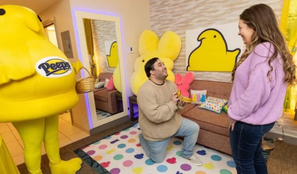 Matthew Rivera proposes to Carly Jessup in the Peeps Sweet Suite. Photo by Mark Stehle Photography for Peeps®