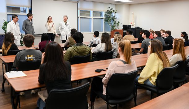 Dr. Karen Rogers speaks to a group of UTC students at the Erlanger Baroness Hospital job shadowing orientation. 