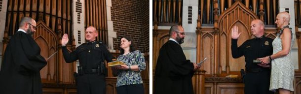 Police Chief Sean O’Brien (left photo) and Deputy Chief Matthew Holzmacher were sworn in by the Honorable Travis R. McDonough. Photos by Noah Camacho.