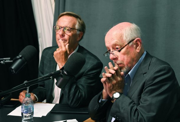 Bill Haslam (left) and Phil Bredesen record their “You Might Be Right” podcast in the UTC Library studio. Photo by Angela Foster.