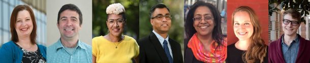 UC Foundation Professors (from left) Karen Babine, Jared Pienkos, Chandra Ward, Prashant Srivastava, Raga Ahmed, Marissa McElrone and Noah Lasley