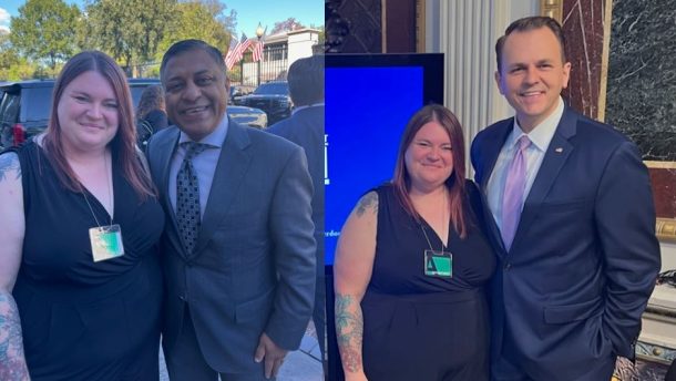 UTC Center for Wellbeing Director Megan McKnight and Dr. Rahul Gupta (left), director of the White House Office of National Drug Control Policy, and Dr. Michael Hole, White House Fellow with the Domestic Policy Council.