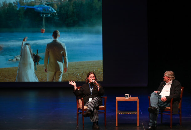 Jess Harris (left) and Billy Weeks on the Photo Night stage in the Roland Hayes Concert Hall. 