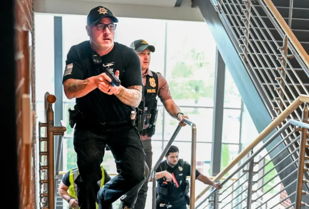 Officers from multiple agencies participated in an active threat training exercise inside the UTC Library. 