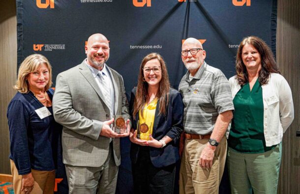 From left: Chancellor Lori Bruce, Dr. Rick Dierenfeldt, Erica Holmes Trujillo, Provost Jerold Hale and Dr. Pam Riggs-Gelasco. Photo courtesy of UT System.