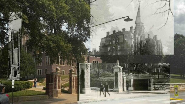 1917 vs. 2025: Founders Hall and Old Main from McCallie Avenue.