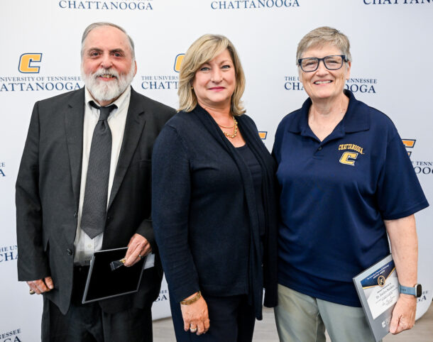 From left: Dr. Gary McDonald, retired UC Foundation associate professor of mechanical engineering; Chancellor Lori Bruce; and Dr. Jocelyn Sanders, professor of music.