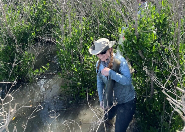 Rebecca Nix collecting soil samples during fieldwork in Cocodrie, Louisiana. Photo courtesy of Rebecca Nix.