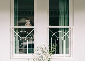 teddy bear in a window