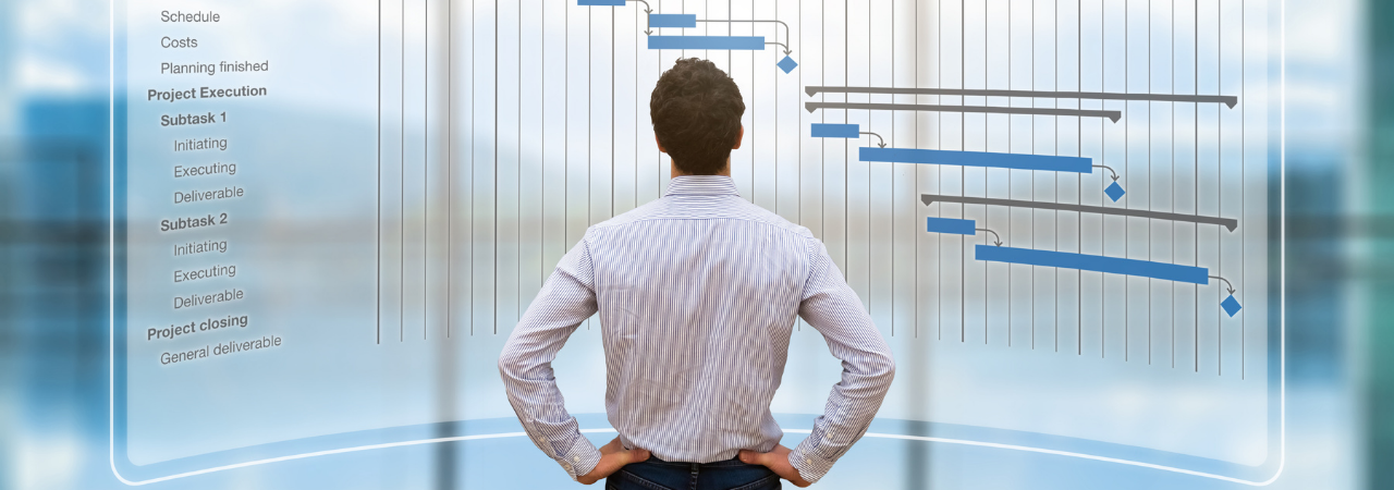 guy looking at project management process drawn out on graph