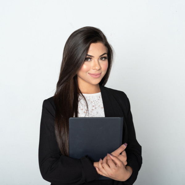 Hispanic woman paralegal holding folder