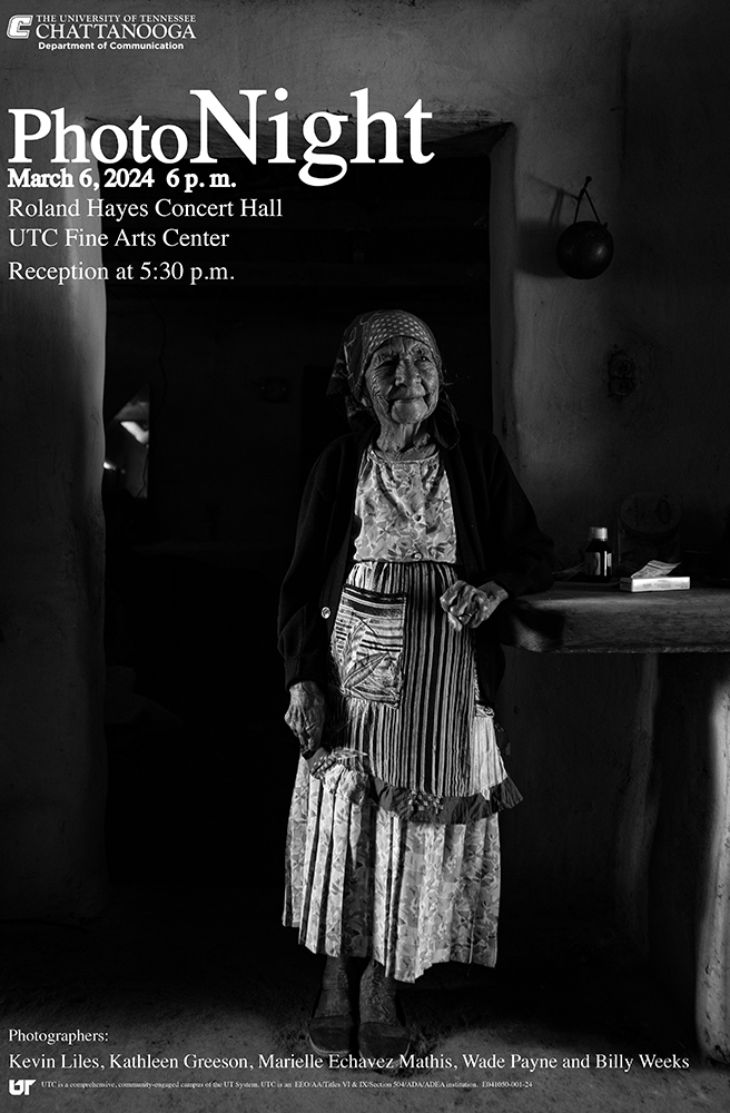 PhotoNight. 
March 6, 2024.
Reception at 5:30 pm.
Programming starts at 6pm.
Roland Hayes Concert Hall in UTC's Fine Arts Center. 
Photographers Kevin Liles, Kathleen Greeson, Marielle Echaves Mathis, Wade Payne, and Billy Weeks. 
