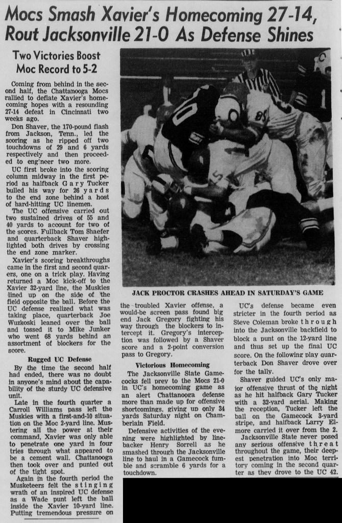 Mocs defeat the Jacksonville State Gamecocks 21-0 in the Homecoming game.