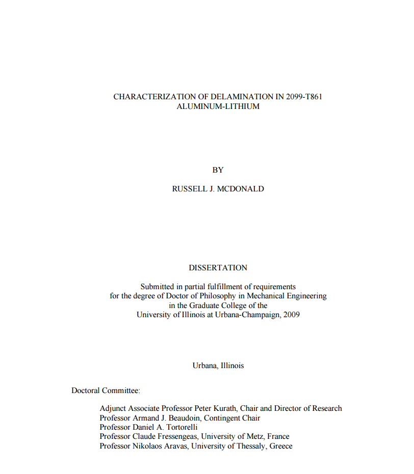 Characterization of delamination in 2099-T861 aluminum-lithium cover page
