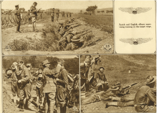 Photograph of Scottish and English officers training American soldiers in trench warfare. 