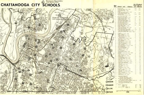 Map that locates each of Chattanooga's 45 public schools as of the 1968-1969 school year. The key to the map also lists each school's address, enrollment, and number of teachers. Courtesy of the University of Tennessee at Chattanooga Special Collections.