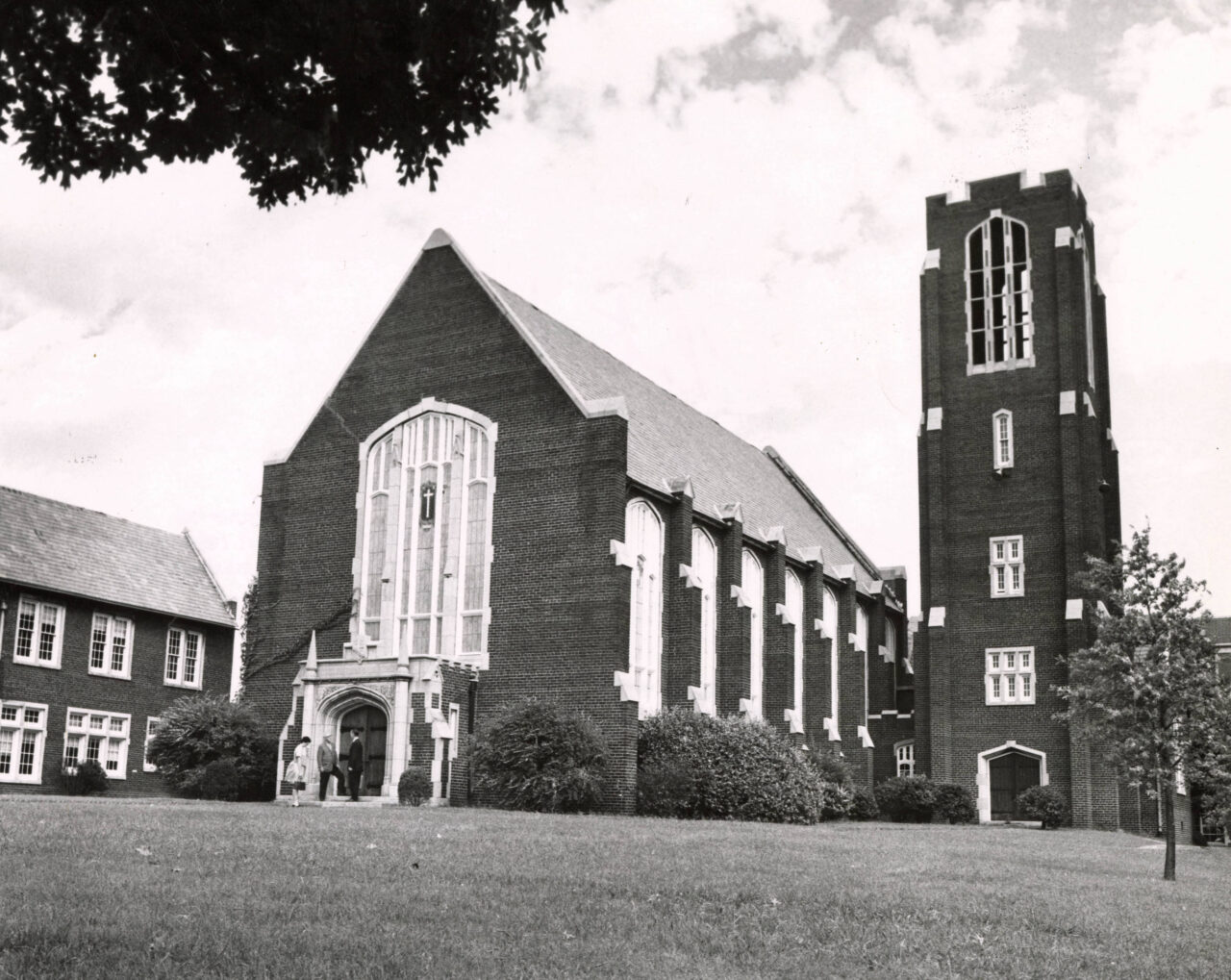 Black-and-white photograph of the exterior of Patten Chapel.