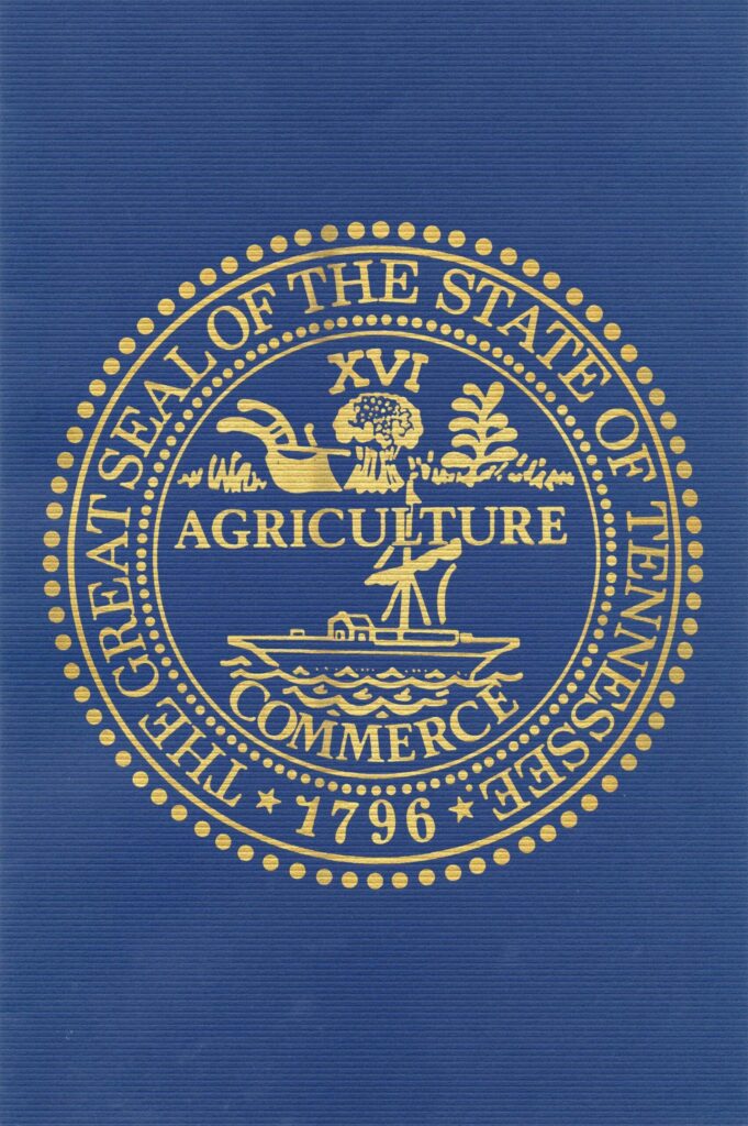 Folder for House Resolution No. 122. Depicts the Tennessee State seal.