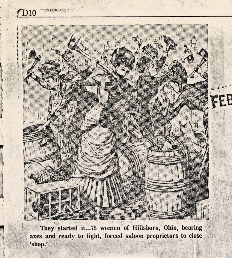An illustration of women attacking barrels of alcohol with axes. 
